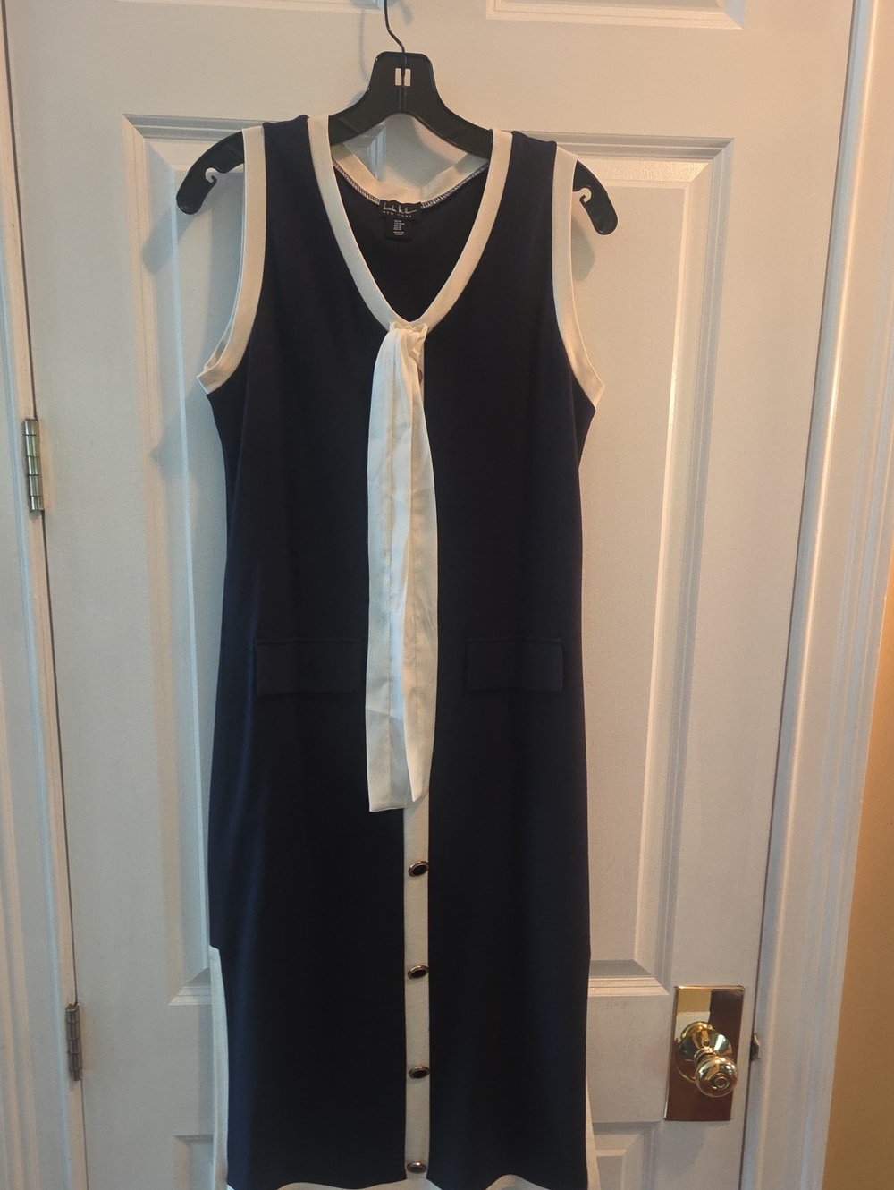 Nicole Miller Navy Dress with Ivory Trim and Front Tie